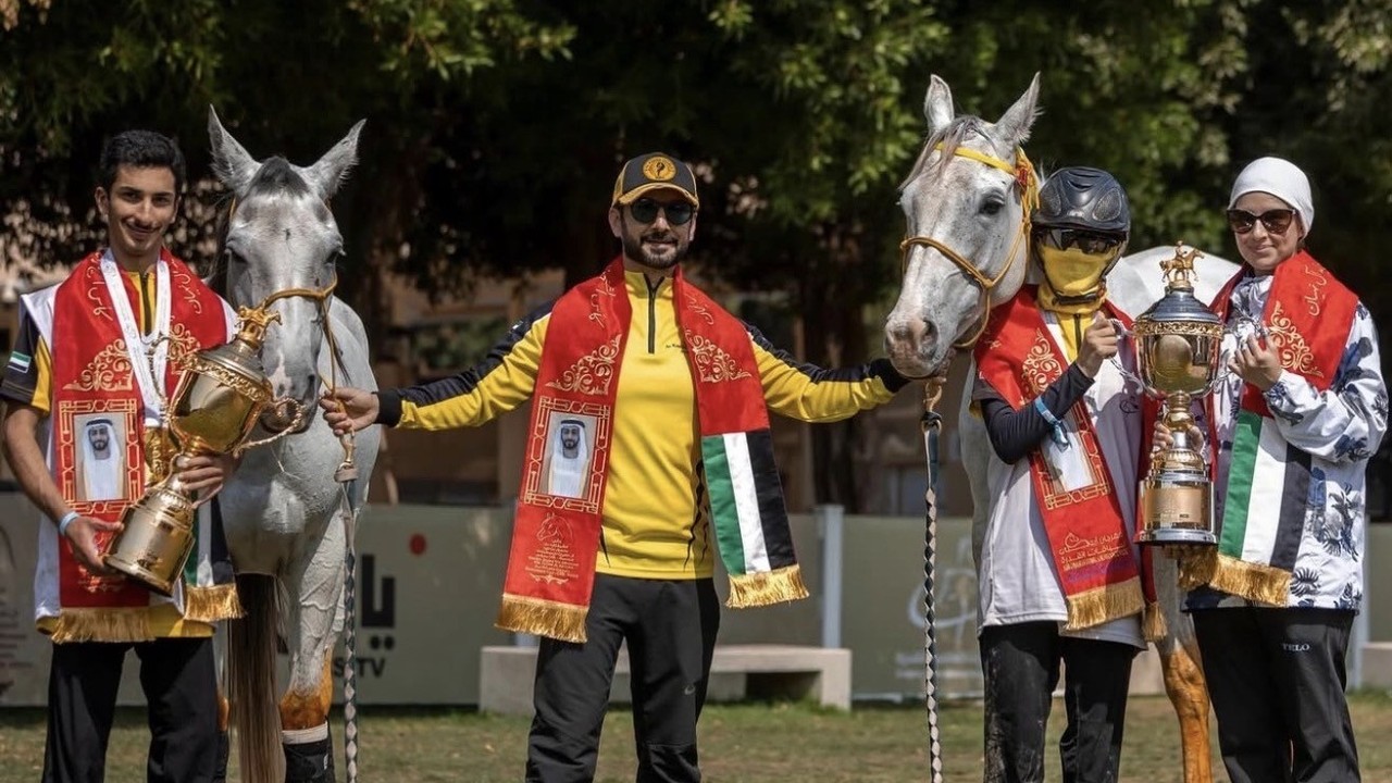 Rider Mariam Ali Karim With Theyab Alblooshi(Left), Leila Al Marzooqi(Right), Trainer Mansour Ibrahim(Middle) At The CEN 100KM Sheikh Zayed bin Mansoor bin zayed Al Nahayan Cup For Pvt Owners cup (Photo Supplied)
